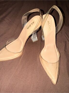Aldo Beige Pointed Toe Slingback Heels with Clear Straps